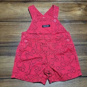 Calvin Klein Infants Red Denim Shortalls All Over CK Logos - Size 3/6M